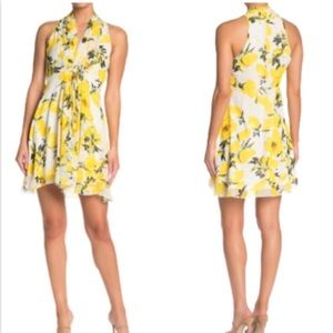 Papillon Yellow Lemon Print Chiffon Fit Flare Sleeveless V-Neck Dress Large NWT